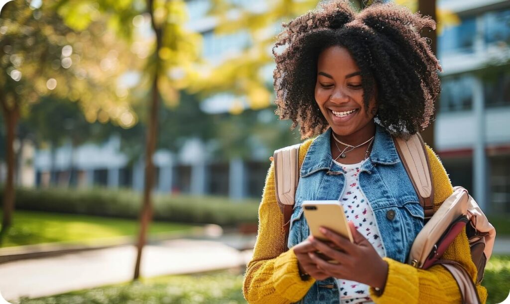 Female student on Campus using smartphone