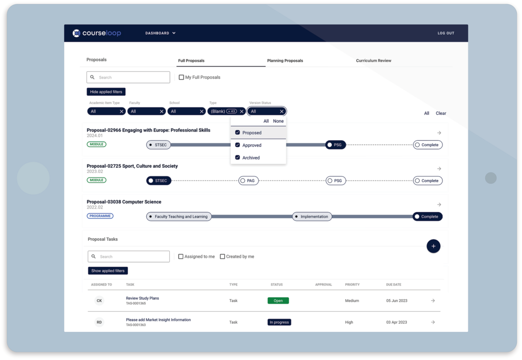 CourseLoop's Curriculum Governance Module UI showing the status of proposals and tasks.