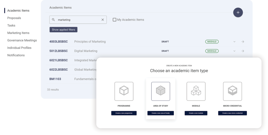 Curriculum Management UI illustrating the creation of a new academic item.