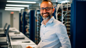 Caucasian IT professional using a laptop with a rack of server cabinets in the background.