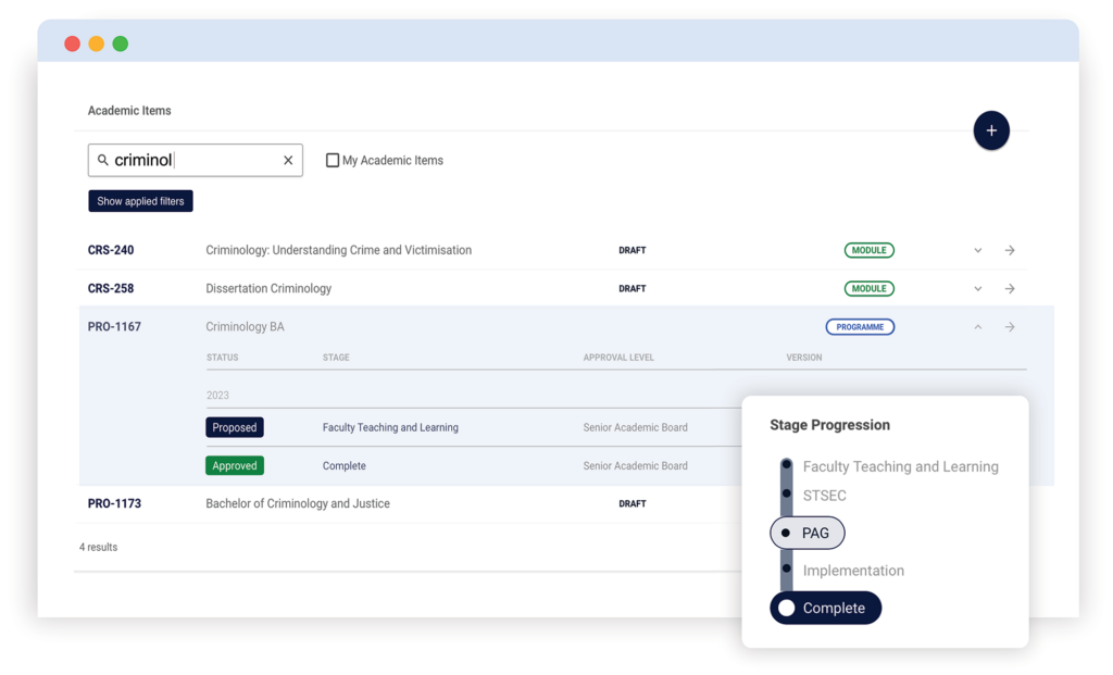 Curriculum Management UI showing the status of curriculum proposals.