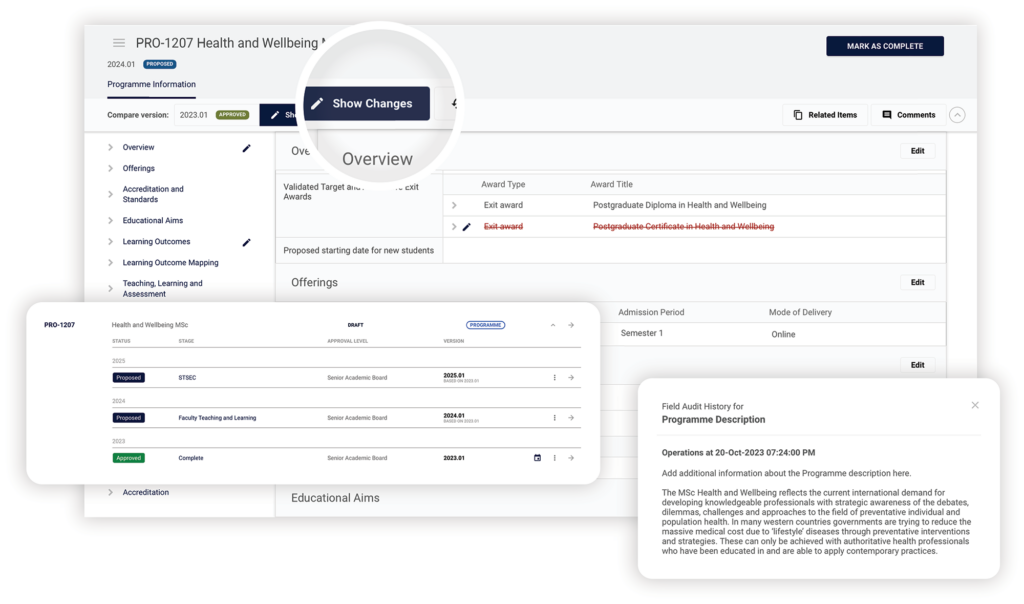 Curriculum Management software showing dynamic functionality to track changes.