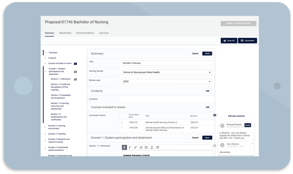 CourseLoop UI showing the template-driven capability of the Curriculum Review Module.