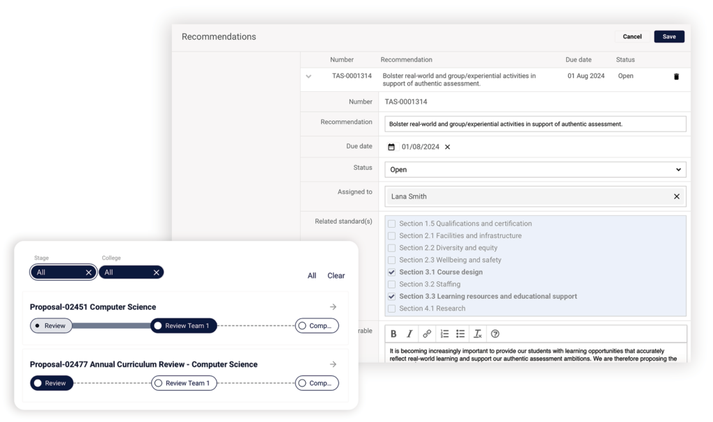 CourseLoop interface shows how a user would use the Review Module to make curriculum recommendations.