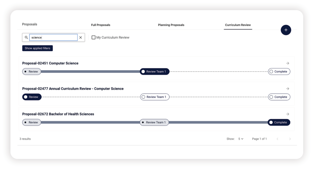 CourseLoop UI showing the status of multiple Curriculum Reviews