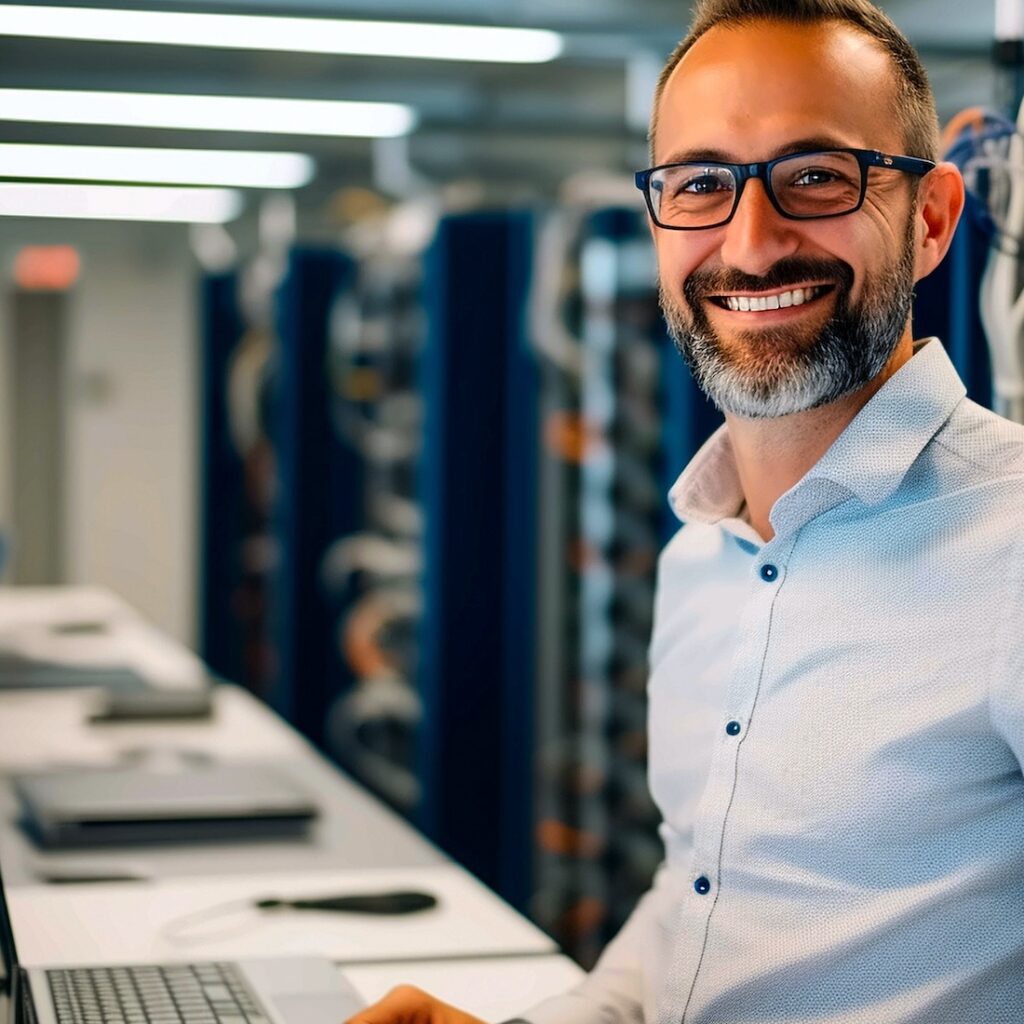 Caucasian IT professional using a laptop with a rack of server cabinets in the background.